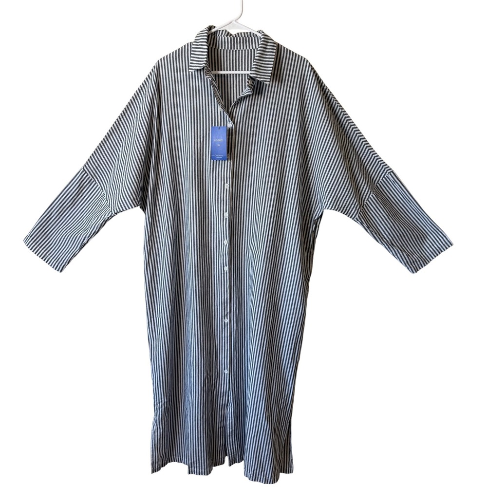 Cotton Striped Oversized Shirt Dress Black White Button Front Midi XL NEW Summer